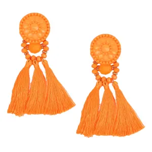 Bagtique Jewelry Collection Calysta Beaded Tassel Drop Earrings for Female - Bright Orange, 1 inch Width, 4.25 inches Length, Elegant Imported Craft, Post Closure