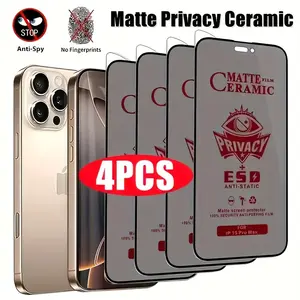 4pcs Matte Privacy Ceramic Protective Screen Protectors for iPhone 17/16/15/14/13/12/11 Pro Max/Pro/Plus/17 Air/16e/X/XS/XR/Xs Max,Upgraded Edge Protection,Offers Full Screen Protection with High-Definition Clarity,Scratch Resistance.