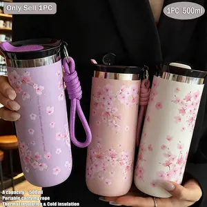 500ML Cherry Blossom Pattern Stainless Steel Insulated Coffee Cup, Portable Travel Mug, Tea Cup, Water Bottle, Ideal for Office, Home, Car, Gifts