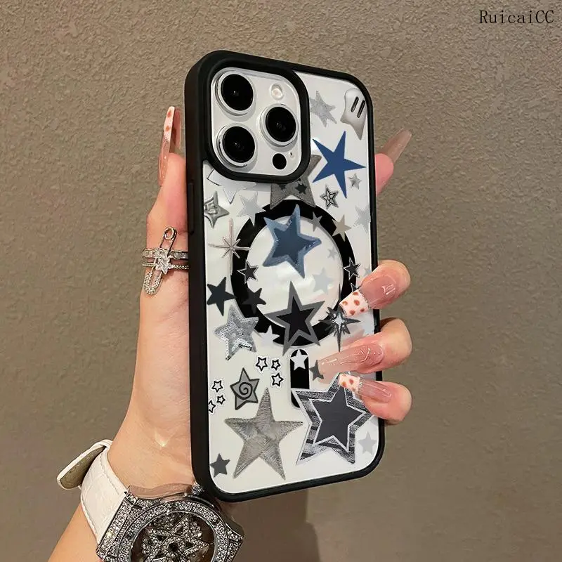 Premium Magnetic Case for iPhone11/12/13/14/15/16/promax Black five-pointed star collage y2k cased MagSafe Ready, Anti-Fall, Springtok and Ultra-Thin Design |   Perfect for Everyday Use Protector Screen Protector Aesthetic Resistance