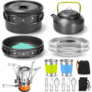 16pcs Camping Cookware Set with Folding Camping Stove, Non-Stick Lightweight Pot Pan Kettle Set with Stainless Steel Cups Plates Forks Knives Spoons  Camping Backpacking Outdoor Picnic