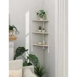 Boho Style Multi-Layer Wooden Wall Shelf, Hand-Woven Triangle Hanging Storage Rack, Rope Corner Stand for Small Potted Plants