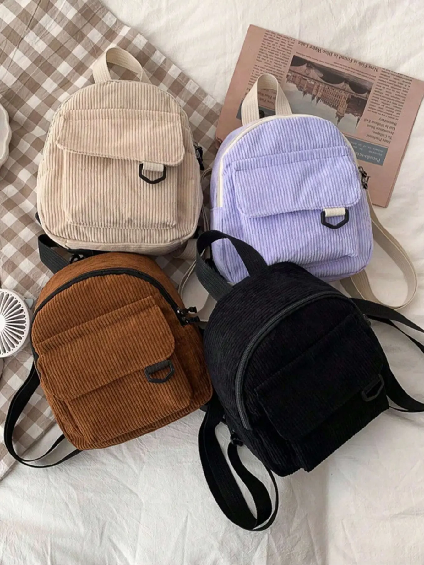 Corduroy Mini Backpack, Y2k Portable Solid Color Backpack, Phone Bag, Lipstick Bag, Key Bag, Compact Casual Backpack, Multi Functional Mini Backpack, Cute Student Backpack, Men'S And Women'S Small Backpacks School, Backpack Purses, Fashion Backpack