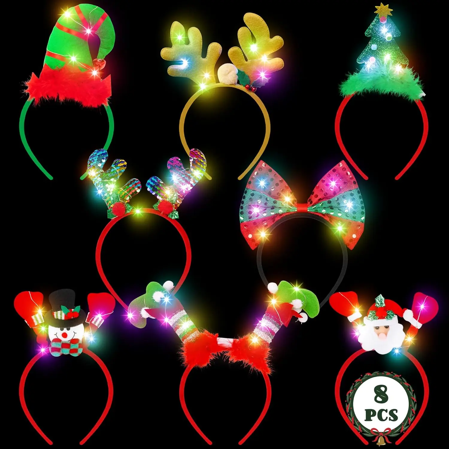 Light Up Christmas Headbands, 8 PCs Felt Party Hair Accessories with LED Lights, Featuring Reindeer, Santa & Bows, Universal Size for Kids & Adults, One Size