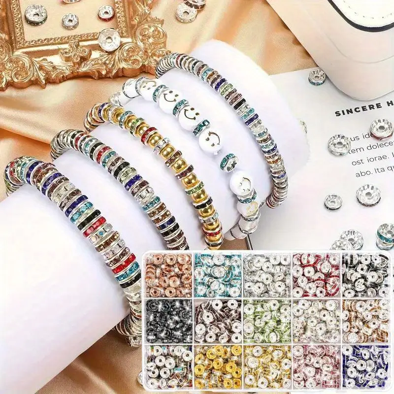900pcs 8mm Rhinestone Beads Accessories - 15 Bright Colors Crystal Spacer Beading Supplies for DIY Beads Assortment Jewelry Making Projects