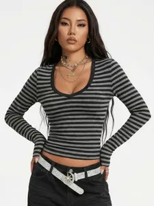 Women's Striped Stretchy Knit Top, Slim Fit Long Sleeve Short Sweater, Casual Fall & Winter Basic Layering Piece, Knitwear