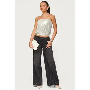 Rhinestone Washed Low Rise Baggy Jeans