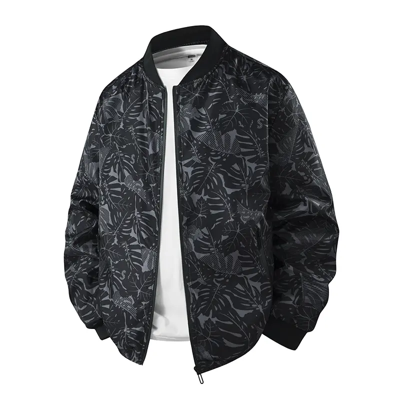 Men Tropical Leaf Print Bomber Jacket Lightweight Water Resistant Zip Up Baseball Windbreaker Streetwear Hip Hop Casual Outerwear Spring Fall Fashion Coat With Side Pockets