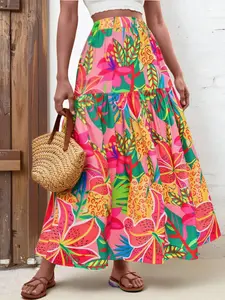 Women's Tropical Plant Floral Print Ruffle Hem Skirt, Vacation Style Casual Beachwear, Elegant Waist Cinched Summer Skirt, Bohemian High-Waisted Long Dress, Womenswear Feminine Bottoms