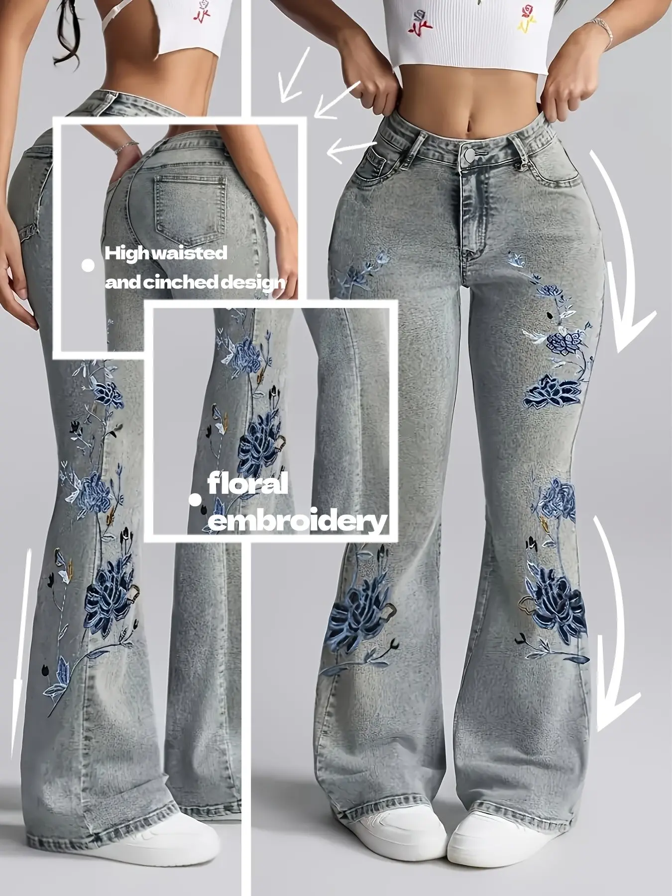 26AW floral embroidery casual streetwear elastic Fit cut hem flare flared Embroidered Floral Jeans Trouser Pants are fashionable, elegant, versatile, fashionable and versatile, suitable for all seasons, simple, basic and versatile Womenswear