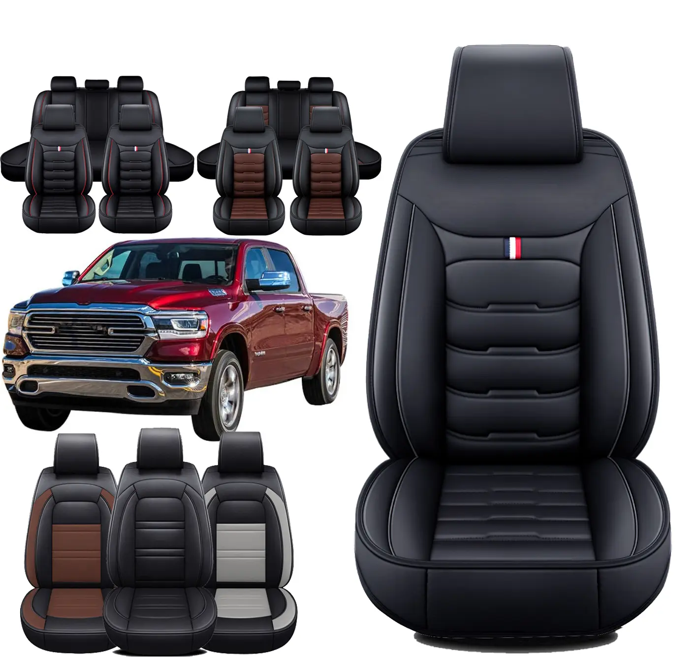 Leather Car Seat Covers - Custom Fit for Dodge Ram 2009-2024 1500/2500/3500 Pickup Trucks, Airbag Safe Car Accessories, Full Set Protector for 5-Seat Front & Rear Cab, Cab Protection, Includes Buckles, Tool-Free, Car Seat Protectors, Automotive Seat Cover