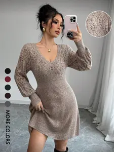 Women's Hollow Knit Dress, Multi-Color Options, Plain V Neck Long Sleeve Casual Short Sweater Dress, Fall & Winter Fashion