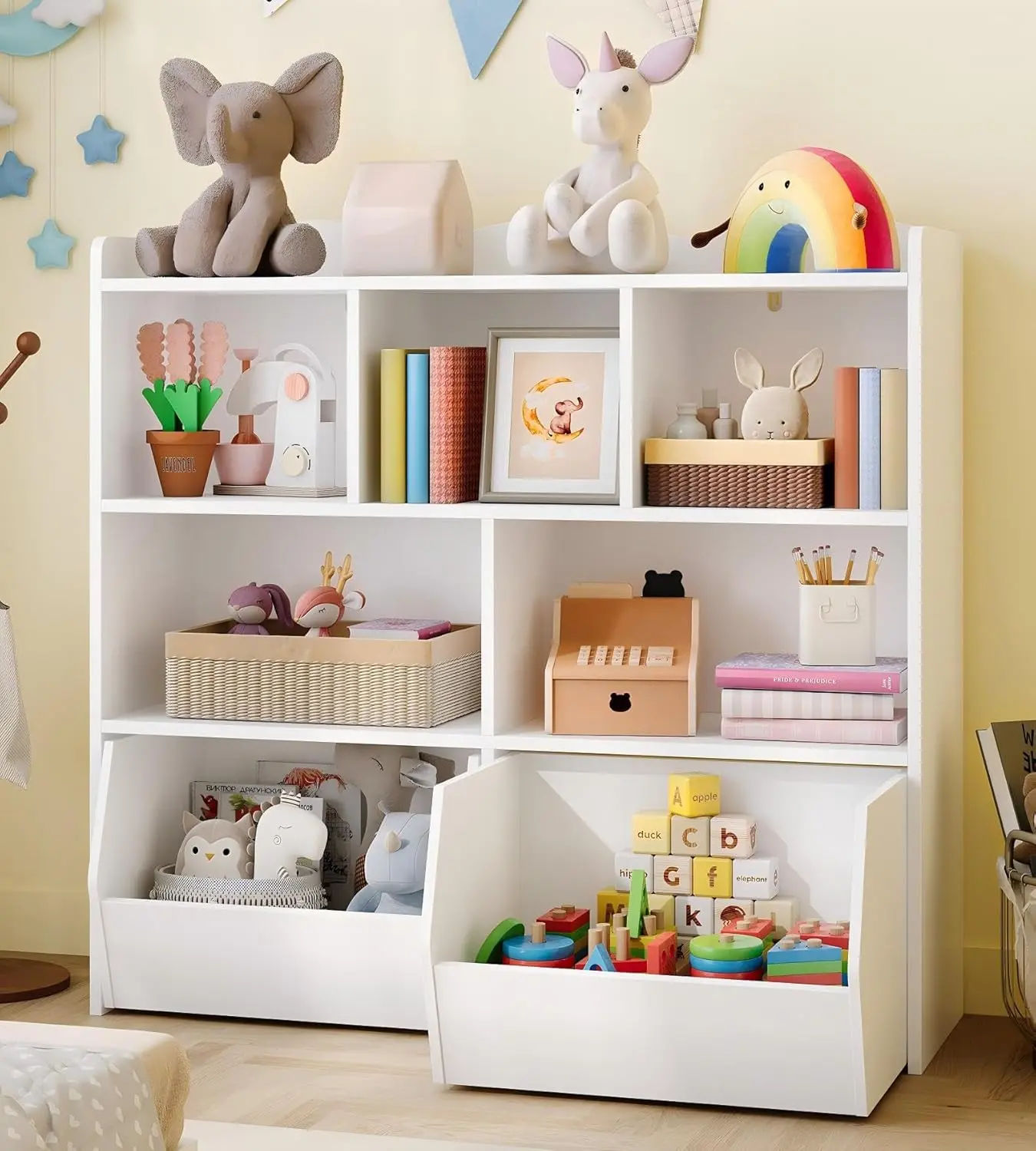 GAOMON Toy Storage Organizer - 2 Deep Movable Drawers, 5 Open Cubbies, Kids Bookshelf with Hidden Wheels, Rounded Corners, Safe Child-Friendly Design, Assembly Required, Multifunctional Floor Chest for Playroom (Boosts Children’s Organizing Skills), Safe