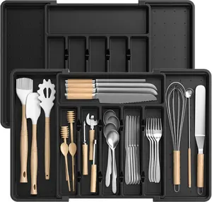 Silverware Organizer - Expandable Kitchen Drawer Organizer, Utensil Drawer Organizer, Adjustable Plastic Flatware and Cutlery Holder, Kitchen Organizers Storage for Forks Knives, Black