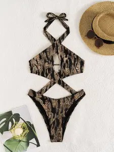 Women's Fashion Snake Print Cross-Strap One-Piece Swimsuit, Hollow Out Hanging Neck Tie Bikini Set, Casual Fitted Swimwear, Sleeveless Swimsuit, Criss Cross Swimsuit