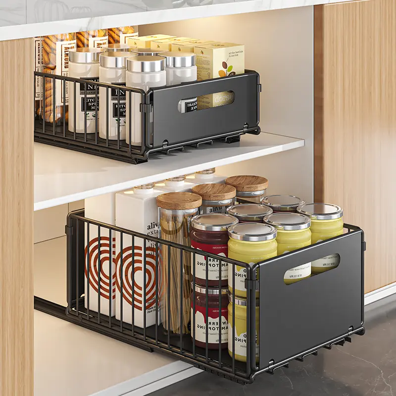 Pull Out Cabinet Organizer | Foldable Sliding Storage Basket, No-Drill Kitchen Shelf for Pantry & Home Organization