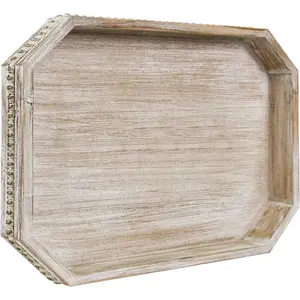 Wooden Decorative Tray, Rustic Serving Tray with Wood Bead, Farmhouse Big Tray for Ottoman, Countertop, Coffee Tabl, 16.5" x 13"x 1.6" (White Washed)