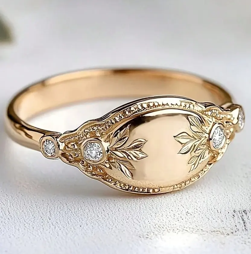 Elegant Vintage Palace Style Leaf Zirconia Ring for Women, French Royal Signet Ring, Carved Leaf Statement Ring