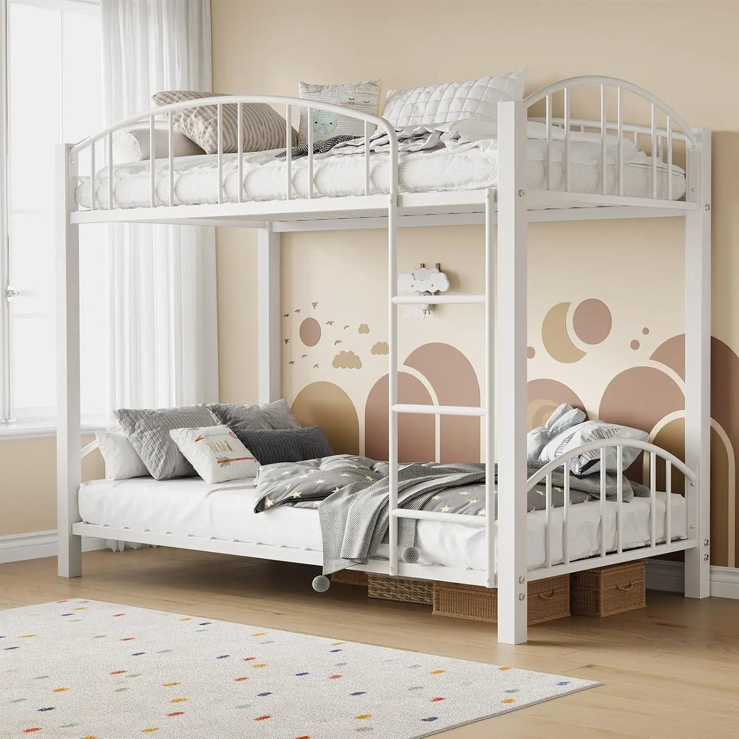 Gaomon Twin Over Twin Metal Bunk Bed - Heavy-Duty Steel Frame, Arched Guardrail, Safety Ladder, Space-Saving, No Box Spring Needed, Matte White Design for Kids, Metal Loft Bed