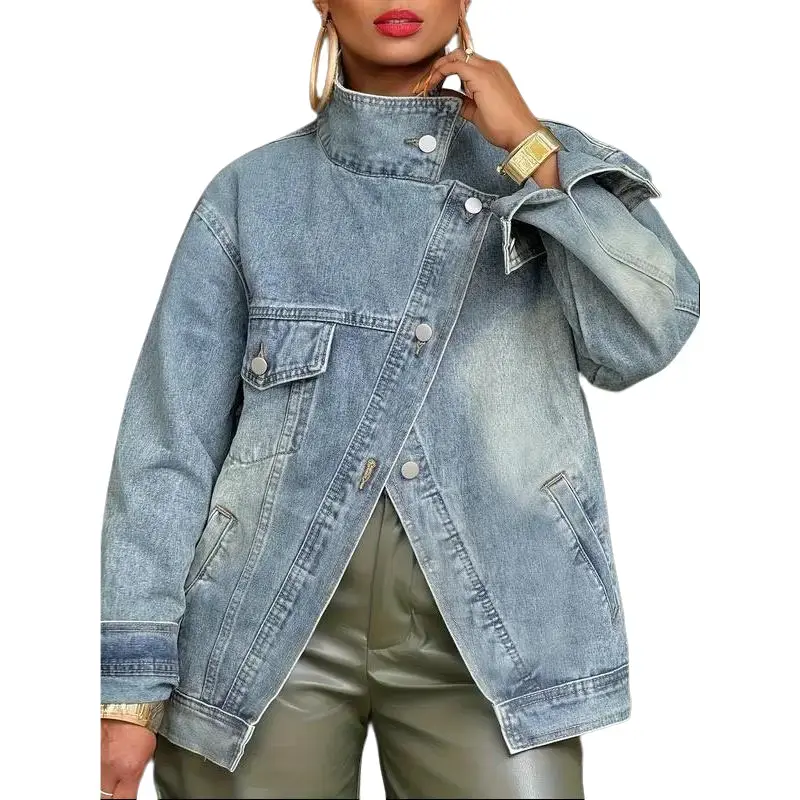 Women's Vintage Washed High Neck Asymmetric Button Loose Denim Jacket - Street Style, Versatile Top for Spring, Autumn Seasons
