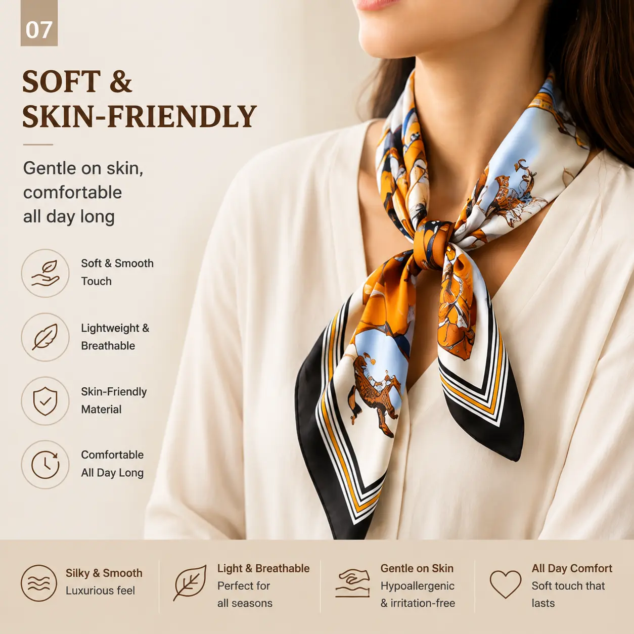 70x70cm Square Neck Scarf for Women - Chic Striped Silk Satin Accessory in Cream & Mustard for Office & Brunch Looks Textured Thin bandana head wrap moo moo and scarf set scarf head wrap poncho