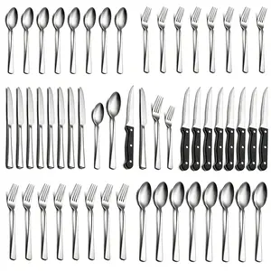 48-Piece Sturdy Stainless Steel Cutlery Set - Silver Flatware for 8 (Forks, Spoons, Steak Knives), Dishwasher-Safe Dinnerware & Kitchen Utensil Set for Home, Weddings