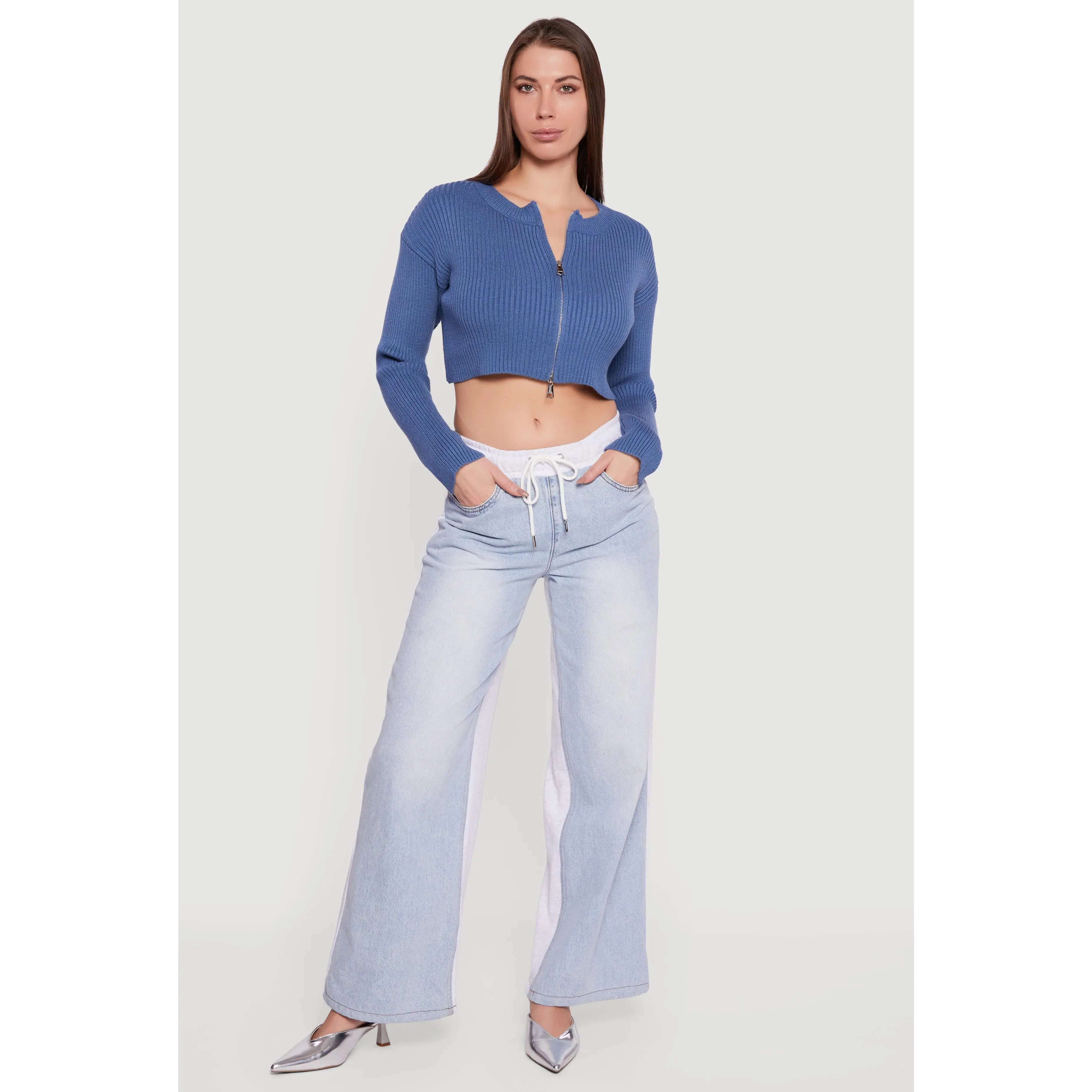 Ribbed Knit Long Sleeve Zip Front Cropped Sweater
