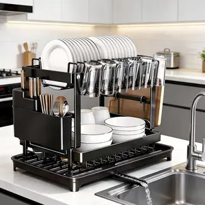 2-Tier Stainless Steel Dish Drying Rack - Large Capacity, Adjustable, Automatic Drainage, Cup Holders, Drainer with Drain Tray, Cutlery Organizer for Family Kitchens