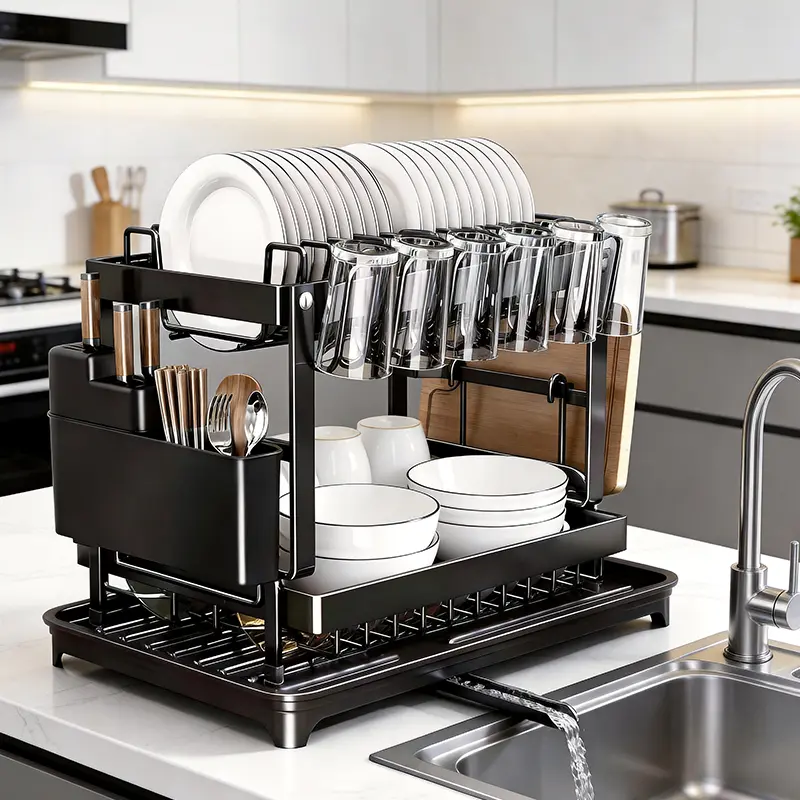 Black 2-Tier Stainless Steel Countertop Dish Drying Rack - 2-Layer, Durable, Large Capacity, Adjustable, Automatic Drainage, Cupholders, Drain Tray, Cutlery Organizer, Holds 20 - 25 Kg for Family Kitchens