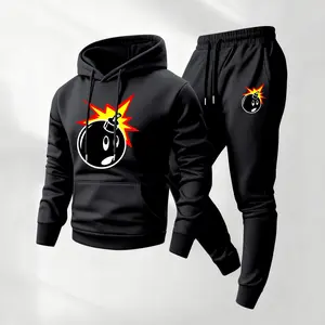Men's Boom Cartoon Bomb Print Hoodie and Drawstring Sweatpants Set,Menswear,Casual Athletic Long Sleeve Hooded Jacket & Trousers for Fall & Winter,Men's Clothing for Daily Wear,Sportswear Indoor Outdoor,Tracksuit, Athleisure Summer Clothes