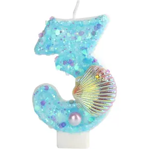 Birthday Candles Number 3 Candle, Blue 3 Girls Glitter Shell Sequins Number Candle for Cake,  Numeral Candles  for  Beach  Nemo Theme Birthday Party Decorations(Blue,3)