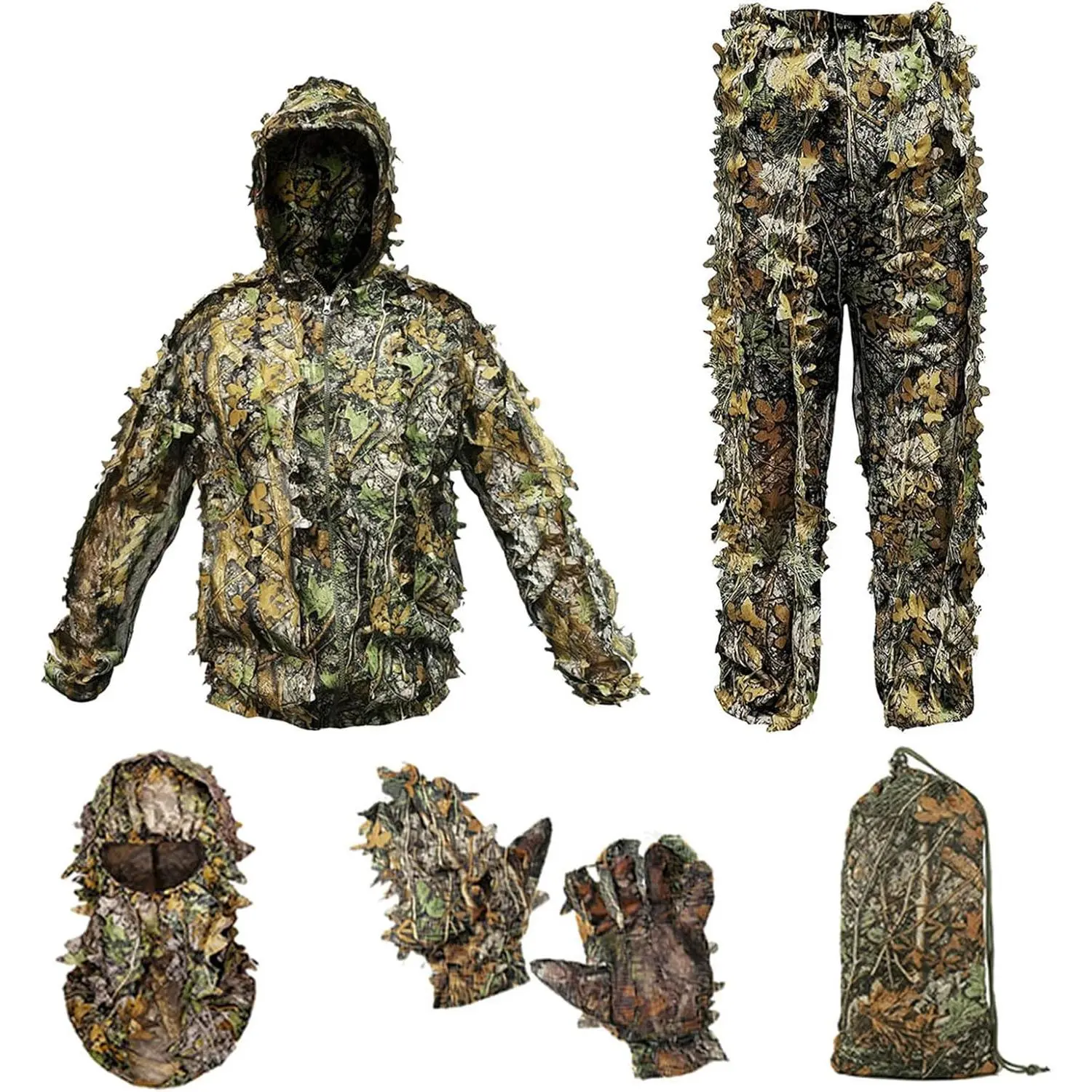 Adult 3D Leafy Ghillie Suit, Lightweight Polyester Camouflage Sniper Wear with Elastic Bands for Hunting & Paintball, Wildlife Photography, Bird Watching