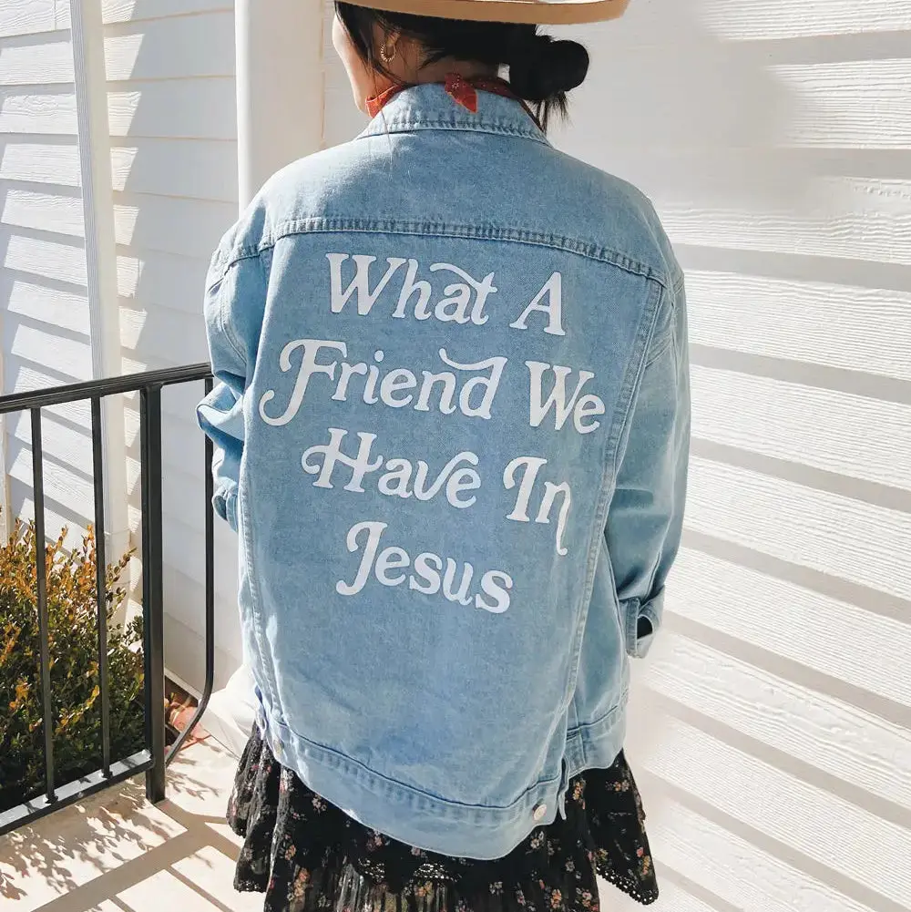 Women's 100% Cotton Oversized Long-Sleeve Denim Jacket Piece - Casual Light Blue Tops for Women Outerwear with Welt Side Pockets, "What a Friend In Jesus" Embroidery, Adjustable Back Waist Tabs, Button Closure, EF Logo Buttons, Relaxed Fit