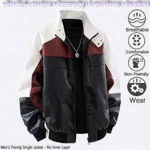 Men's winter new trendy color-blocked stand-up collar motorcycle jacket, PU leather racing suit, stylish oversized lapel coat SpringStatements