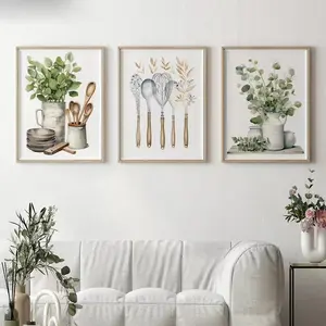 3pcs Green Plants Poster Retro Vase Painting Spoon Hanging Art for Restaurant Walls Frameless Decor Living Room Canvas Art