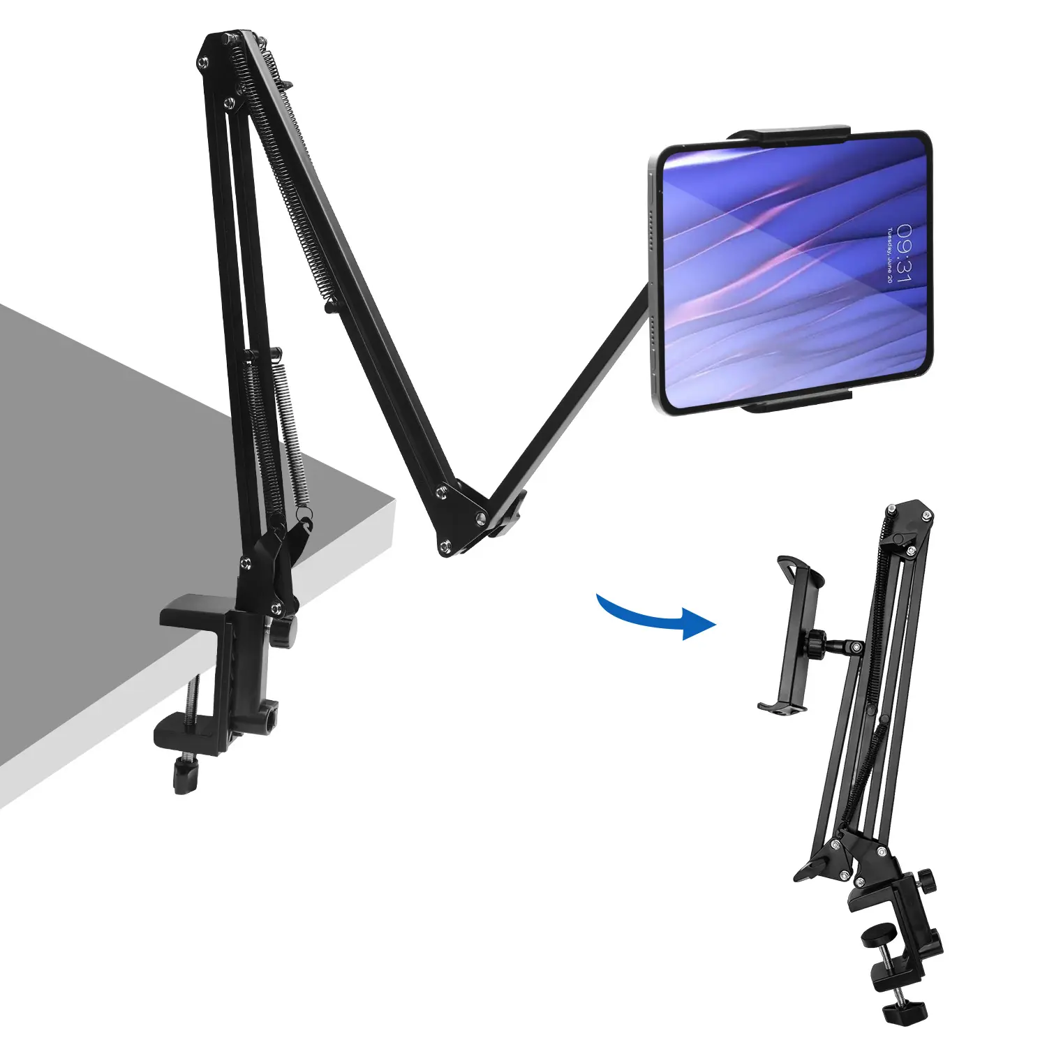 Foldable Metal Cantilever Tablet Phone Holder, 360° Rotatable Extendable Clamp Stand with Flexible Articulating Arm, Universal Lazy Mount for Bed Desk, Perfect for Gaming Reading Overhead Shooting & Live Stream