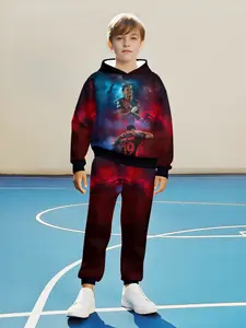 Cyberpunk Cr7 Energy Set! Boys Blue Dynamic Print Two-Piece, Football Youth Fashion, Eye-Catching Choice, Fall & Winter Casual Fitted Sweatshirt