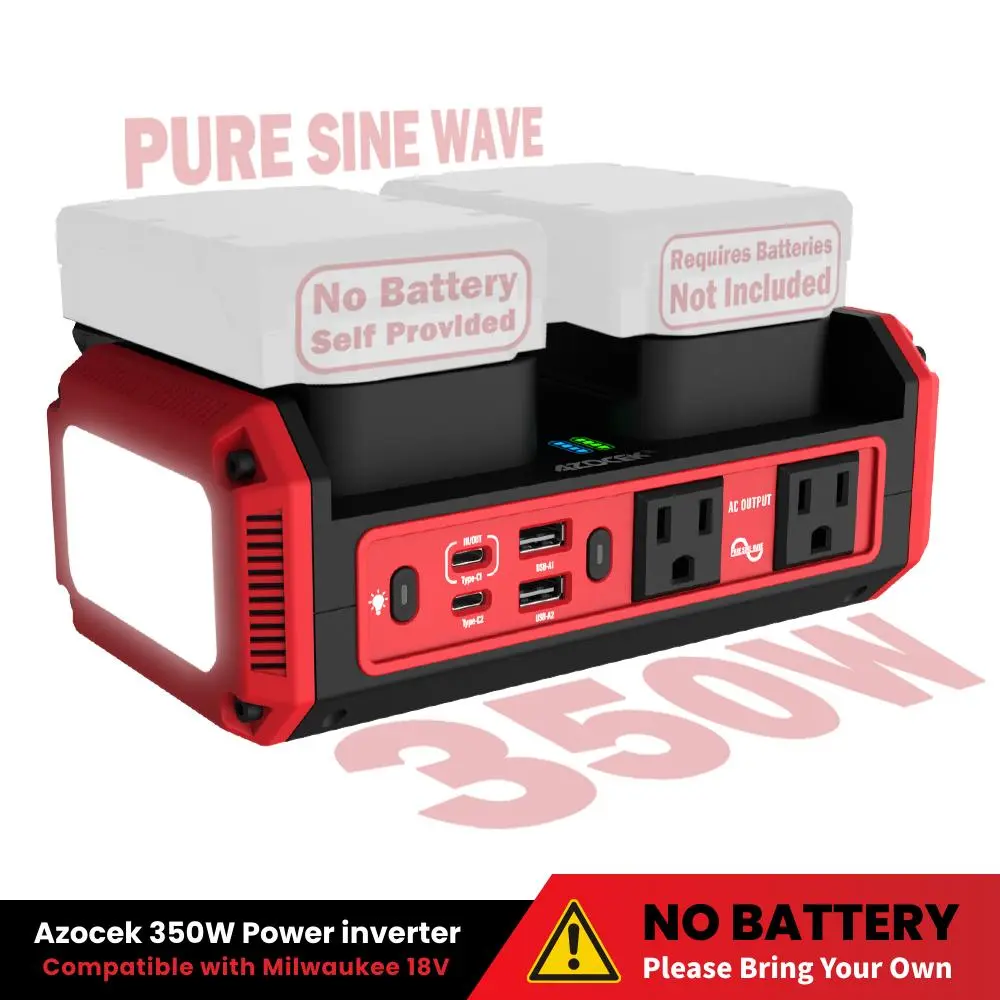 AZOCEK 350W Pure Sine Wave Power Inverter for Milwaukee M18 Battery, 140W USB-C PD 3.1 Laptop Fast Charger & 7A Rapid Battery Recharging Hub, Portable 110V AC Power Station with 600LM LED (Battery Not Included)