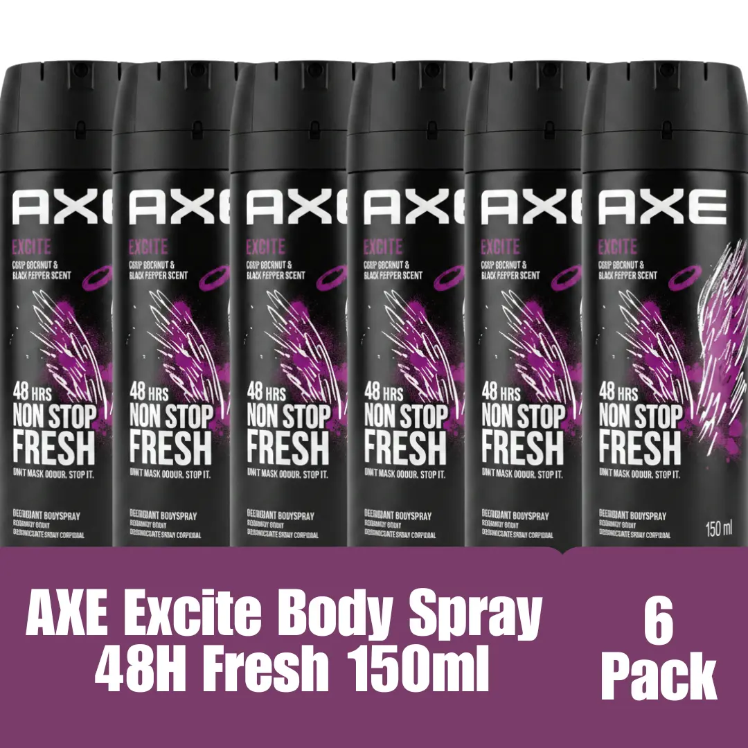 AXE Excite Crisp Coconut & Black Pepper Deodorant Body Spray 150ml (5.07 fl oz) 48H Freshness 6-Pack Imported