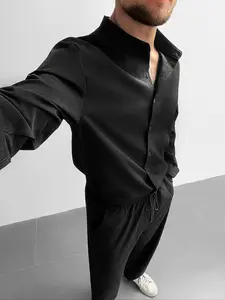 Men's 2-Piece Set Casual, Textured Fabric Relaxed Fit Stand Collar Long Sleeve Shirt & Elastic Waist Pants, Perfect for Vacation Trouser