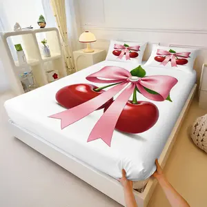Cherry & Bow Fitted Sheet, 3 Piece Fruit Themed Bedding Set, Soft Skin-Friendly Bed Linen, Summer Bedroom Decor