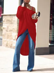 Women's High Low Hem Asymmetrical Neck Tee, Casual Wrap Long Sleeve T-Shirt Top, Ladies Everyday Clothes for Daily Wear