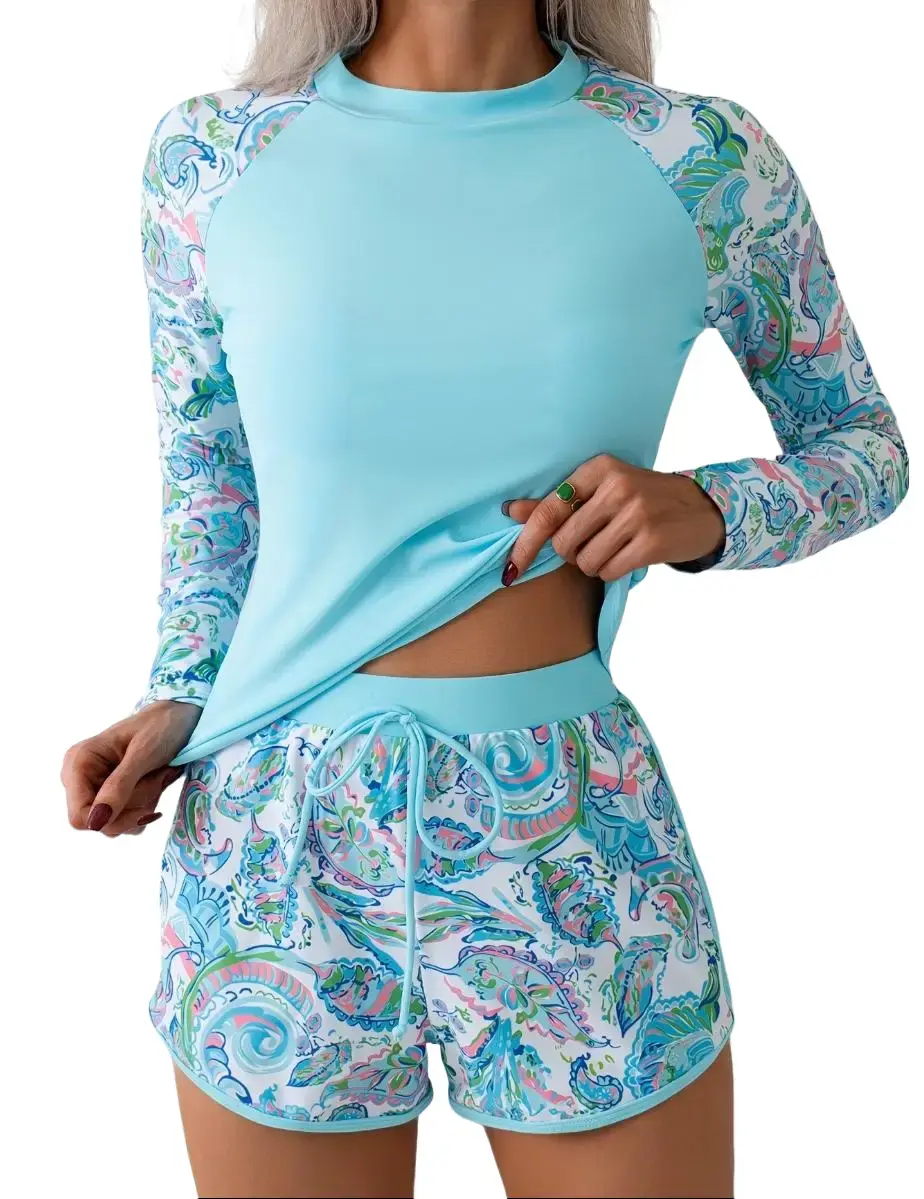 Light Blue Paisley Print Long Sleeve 2-Piece Rash Guard, Drawstring Boyshorts Quick Dry Tummy Control Swimwear for Women Beach Vacation & Surfing