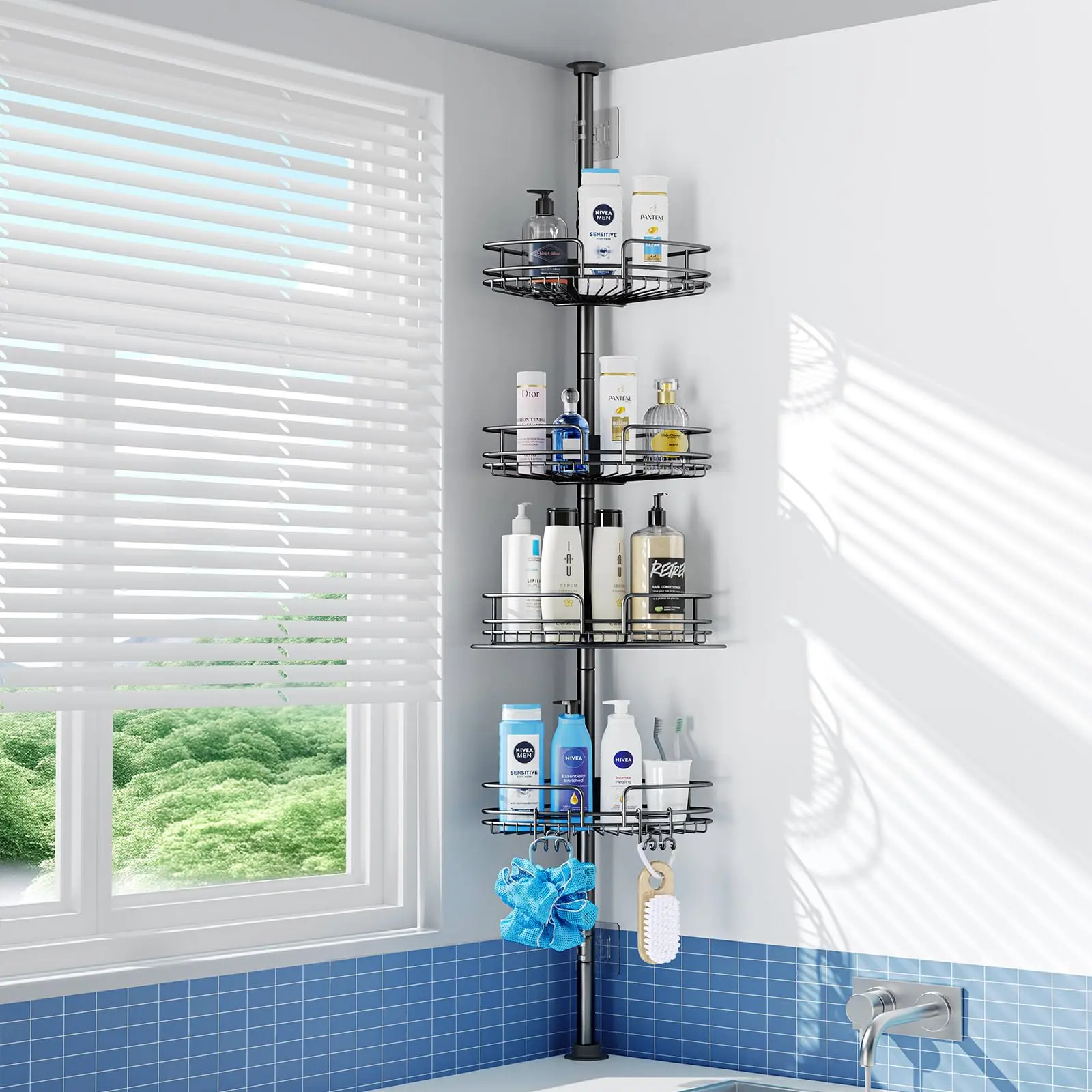 Benazcap 4-Tier Rustproof Telescopic Corner Shower Caddy, No-Drilling Height-Adjustable Bathroom Storage Shelf, 58.5-317.5 cm Range with 4 Large Capacity Adjustable Baskets