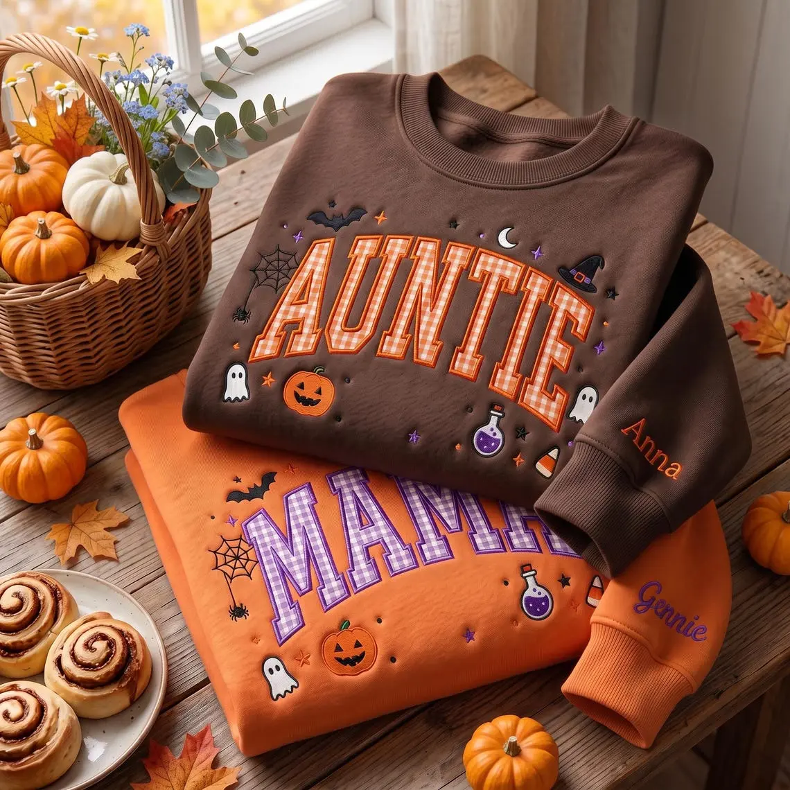 Personalized Halloween Mama Aunty Sweatshirt, Custom Name Sleeve Embroidery, Applique Gingham Crewneck, Choose Fabric Pattern