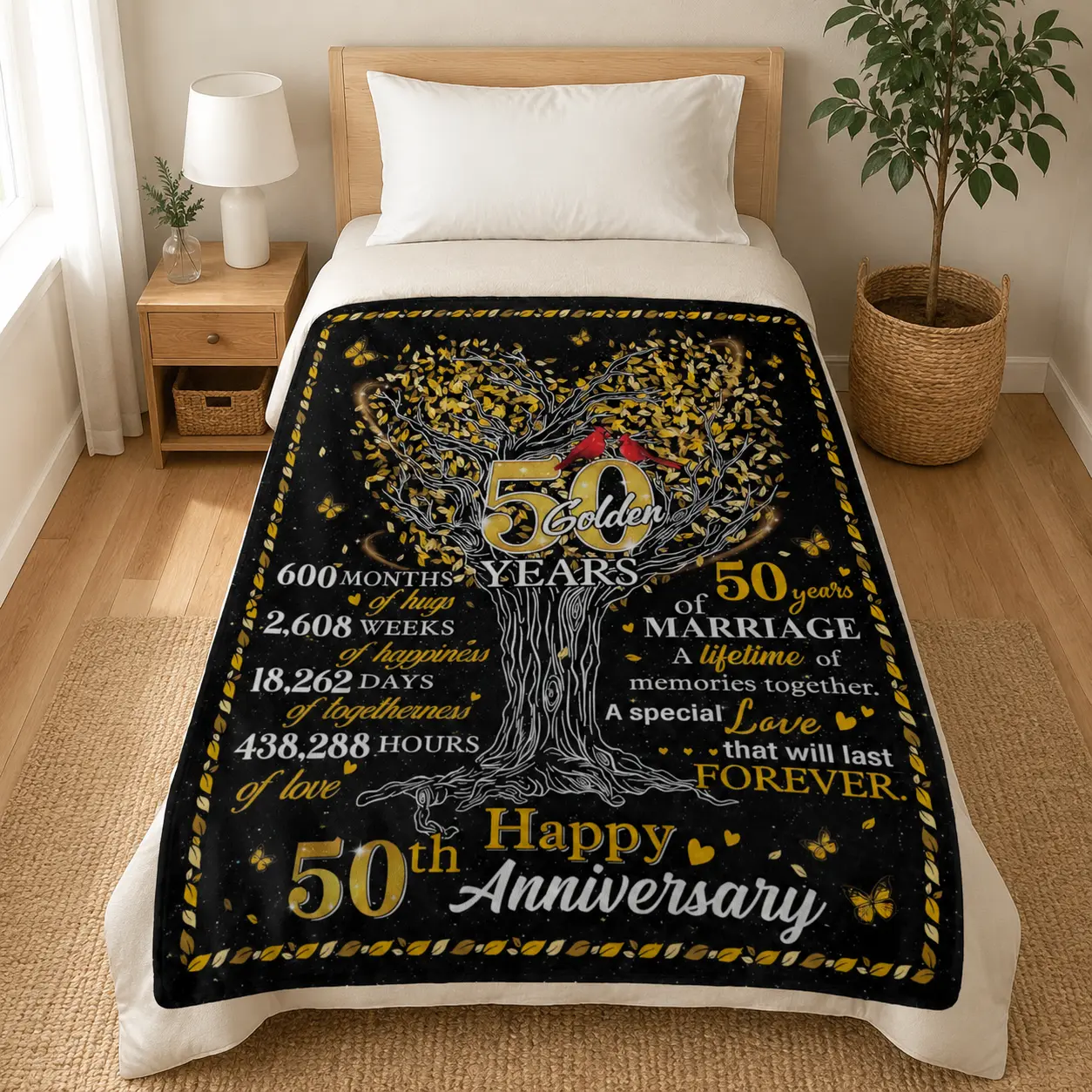 50th Anniversary Blanket for Couples, Romantic Love Gift for Husband Wife, Golden Tree Memory Throw Blanket, Heartwarming Home Decor for Wedding Anniversary