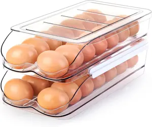 RoskDeewat Egg Holder for Fridge, Automatic Rolling Egg Container for Refrigerator, Stackable Fridge Organizers and Storage with Lid, Clear Plastic Egg Dispenser & Tray (2 Tier)