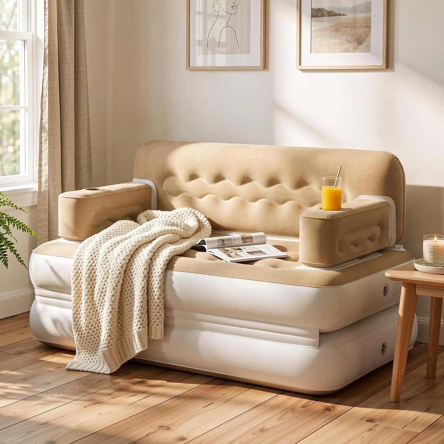 YITAHOME Queen Size Air Sofa Bed w/Wave Pattern Headboard & Pump - Brown 2-in-1 Convertible Bed & Couch, Armrest Cup Holders & Storage Pouch, 79"x60" Air Mattress for Home, Camping, Guests