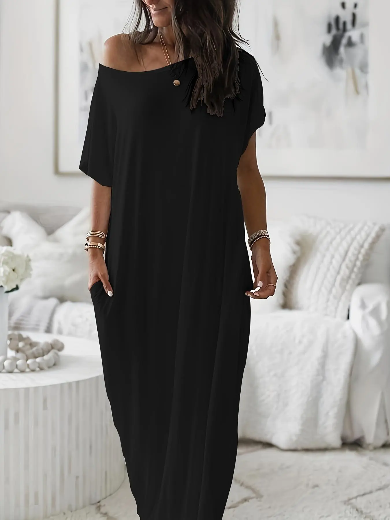 Women's Casual Leaf Print Dress, Loose-Fitting Bat Sleeve Nightgown, Comfortable All-Season Sleepwear, Home Wear with Pockets
