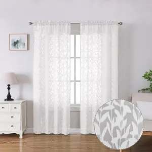 Living Room Sheer White Curta 72 Inches Long, Light Filtering Semi Voile Curta Jacquard  Dual Rod Pockets Window Drapes for French Door, 38W x 72L